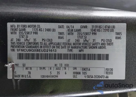 2014 Ford Escape Se z USA, uszkodzony, nr VIN 1FMCU9GX8EUD21613